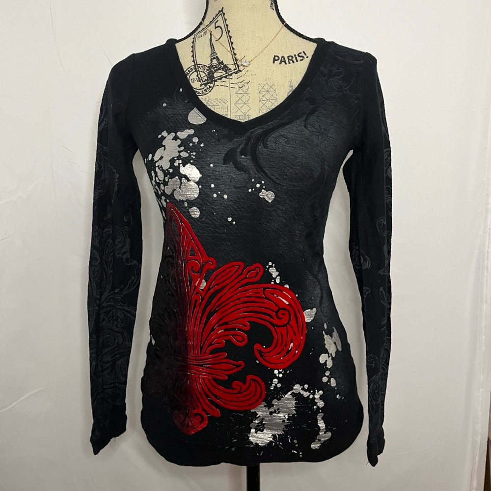 Vanity Y2K Black and Red Women's Long Sleeve Fitted Top